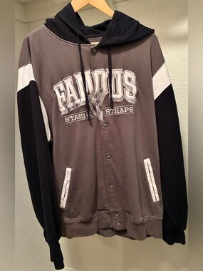 Famous Stars & Straps Taupe Hooded Baseball Jacket with Black Sleeves